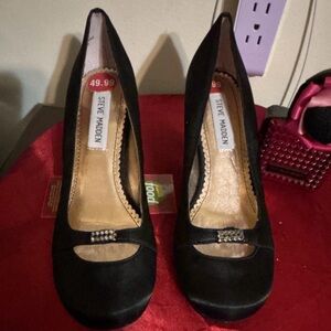Steve Madden Black Satin Peep-Toe Heels with Rhinestone Accent